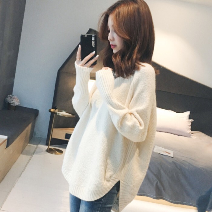 Fairy Lazy Style Pullover Sweater Women's Loose Outer Wear Knitted Top Long Sleeve Winter Thickened V-neck