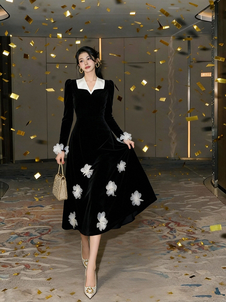 Đầm nhung V cổ thắt eo phong cách Hepburn hoa nổi 3D cổ điển thanh lịch — đen chi tiết 4