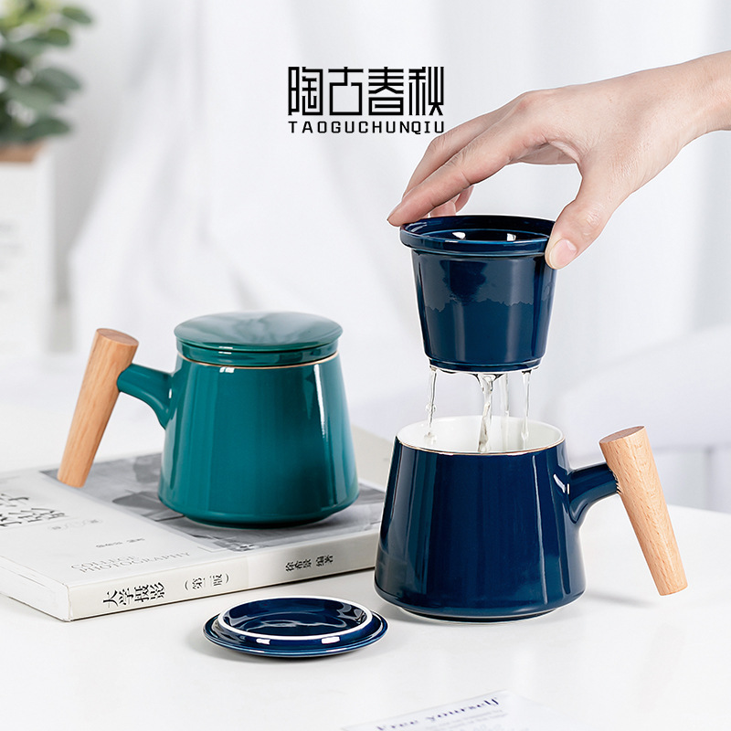 ceramics Tea cup With cover filter teacup personal Wooden handle tea set Tea separate Flower cup to work in an office glass gift