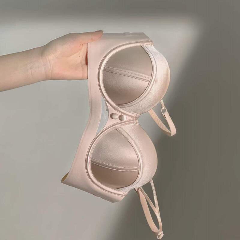 Dancing Alone under the Moon~French-Style Red Pearlescent Satin Lingerie for Women, Half-Cup Strapless Bra for Small Busts with Push-Up Effect