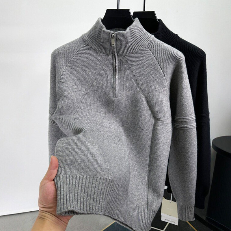American retro half-zip sweater for men, autumn and winter, deconstructed patchwork, boxy fit, knitted top with ribbed stand-up collar American retro half-zip sweater for men, autumn and winter, deconstructed patchwork, boxy fit, knitted top with ribbed stand-up collar