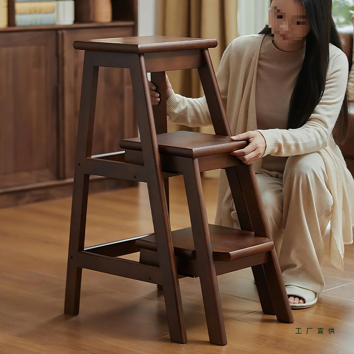 实木梯凳梯子凳子两用步梯家用多功能折叠三步梯花架加厚楼梯爬梯