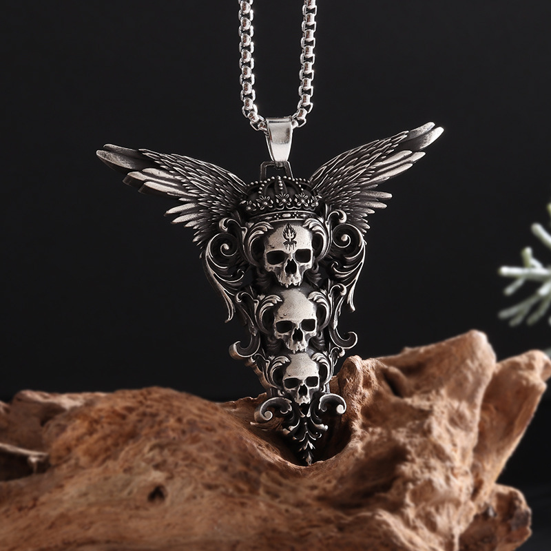 Cross-Border Environmentally Friendly Alloy Jewelry Skull Wings Pendant European and American Style Hip-Hop Personality Trendy Men's Necklace Wholesale