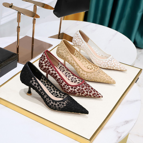 1961-5 Fashion Banquet Women's Shoes Slim Heel Medium Heel Pointy Pointy Mesh Lace Sexy Slim Single Shoes