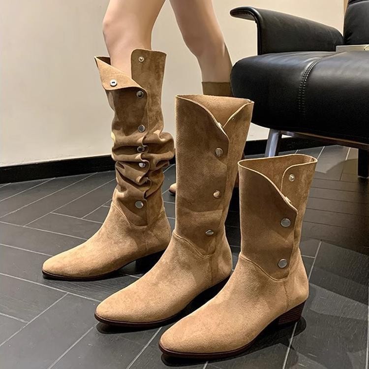 牛皮~复古美拉德尖头堆堆靴女西部牛仔靴纽扣高筒靴粗跟长筒靴秋