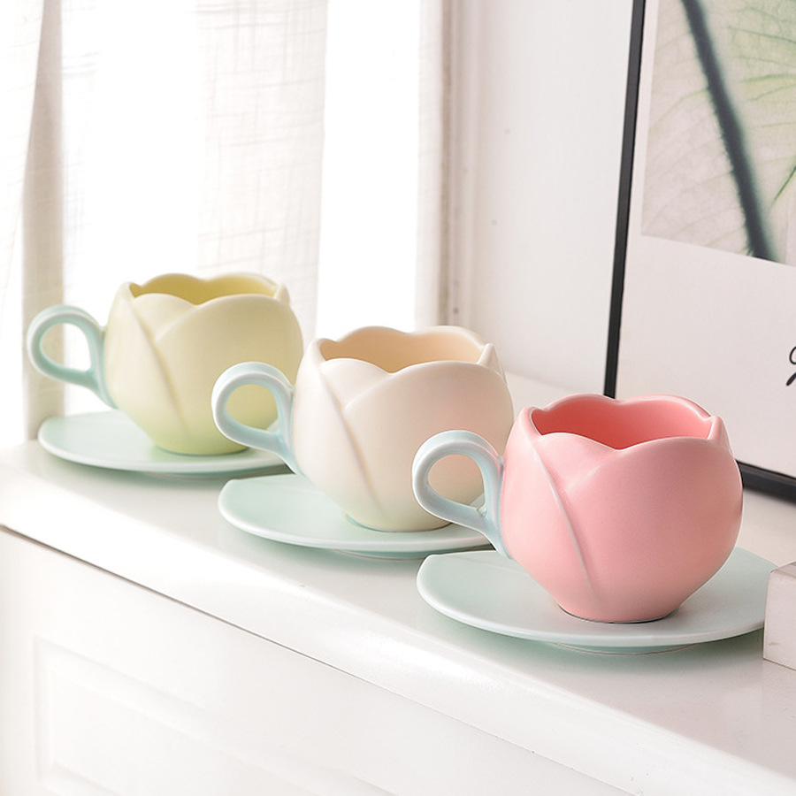Creative Tulip Flower Shape Ceramic Coffee Cup And Saucer Personalized Restaurant Cup And Saucer Set_voghion.com
