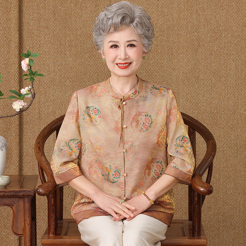 Spring and Summer Clothing for Elderly Mothers, New Chinese-Style Floral Tops, Grandma's Shirts, Stylish Loose Shirts for Old Ladies