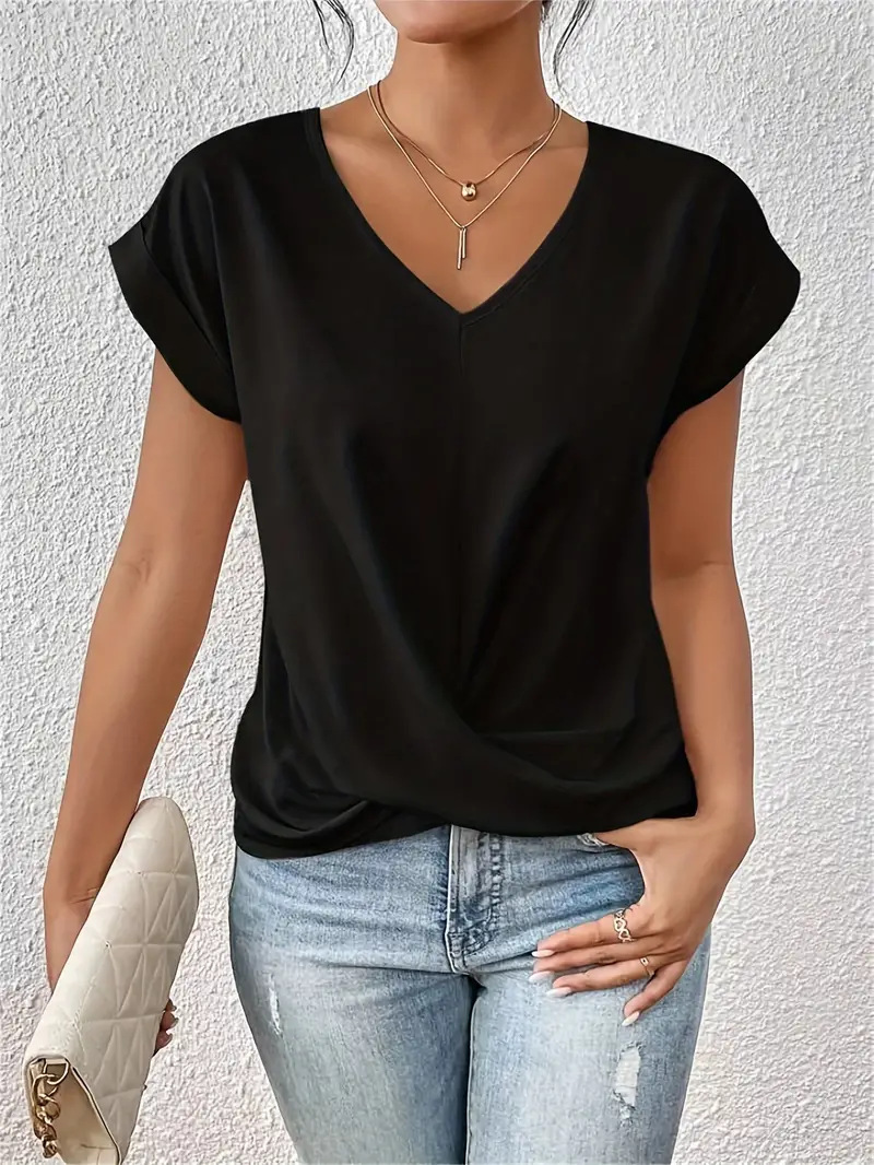236g Weight Short Sleeve Sleeve Length Spandex, Polyester Fabric Type Long Top Length T-shirt Tops Type Casual, Daily Occasion V Neck Neckline Loose Fit Type Solid Color Pattern Summer Season Women's Gender Casual, Elegant Style Wholesale Women's Spandex Polyester Casual Elegant Solid Color Short Sleeve T-Shirts 6