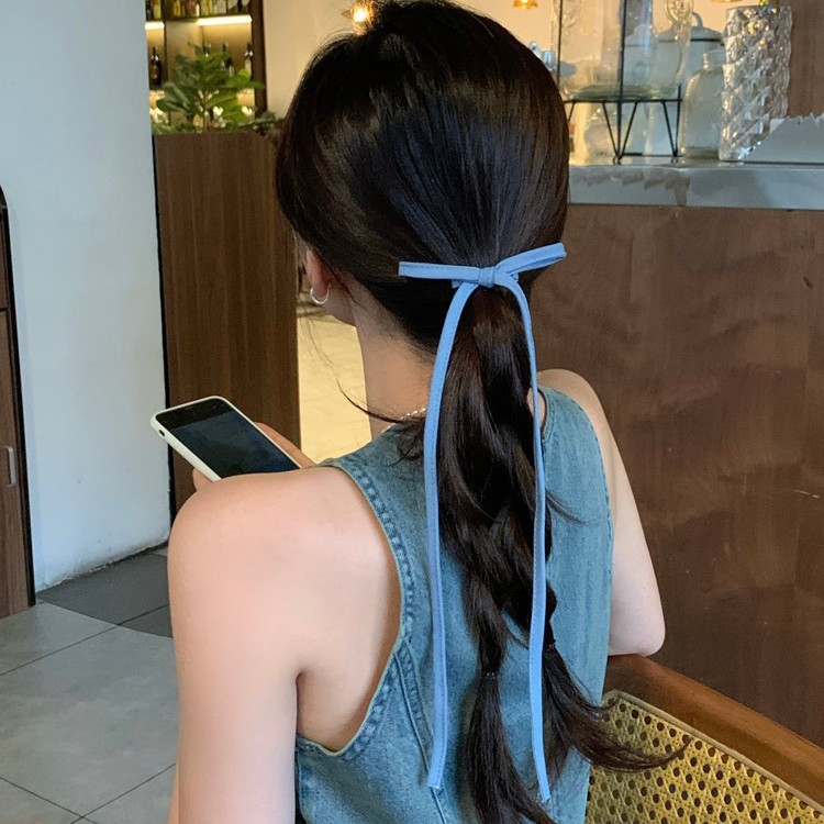 女性用の甘くてクールなデニムリボンヘアピン、ハイエンドの後頭部トップクリップ、エレガントでシンプルなダブルポニーテールヘアアクセサリー|undefined