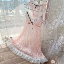 波点网纱睡衣女夏刺绣蝴蝶结吊带睡裙套装甜美性感薄款女生家居服