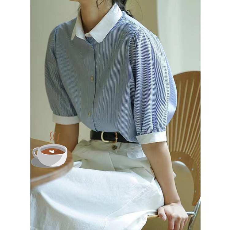French Niche Design Sense Blue and White Striped Shirt Women's Summer New Short Sleeve Puff Sleeve Elegant Contrast Shirt 10 Colors