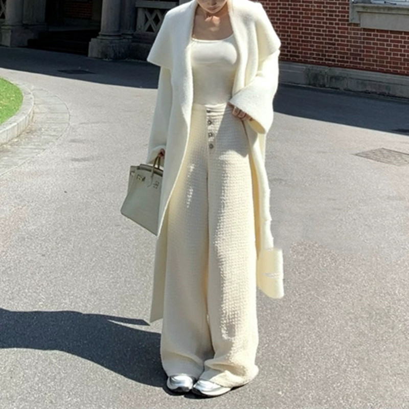 秋冬新款松弛感长款针织开衫女宽松慵懒风大翻领系带毛衣外套加厚|undefined