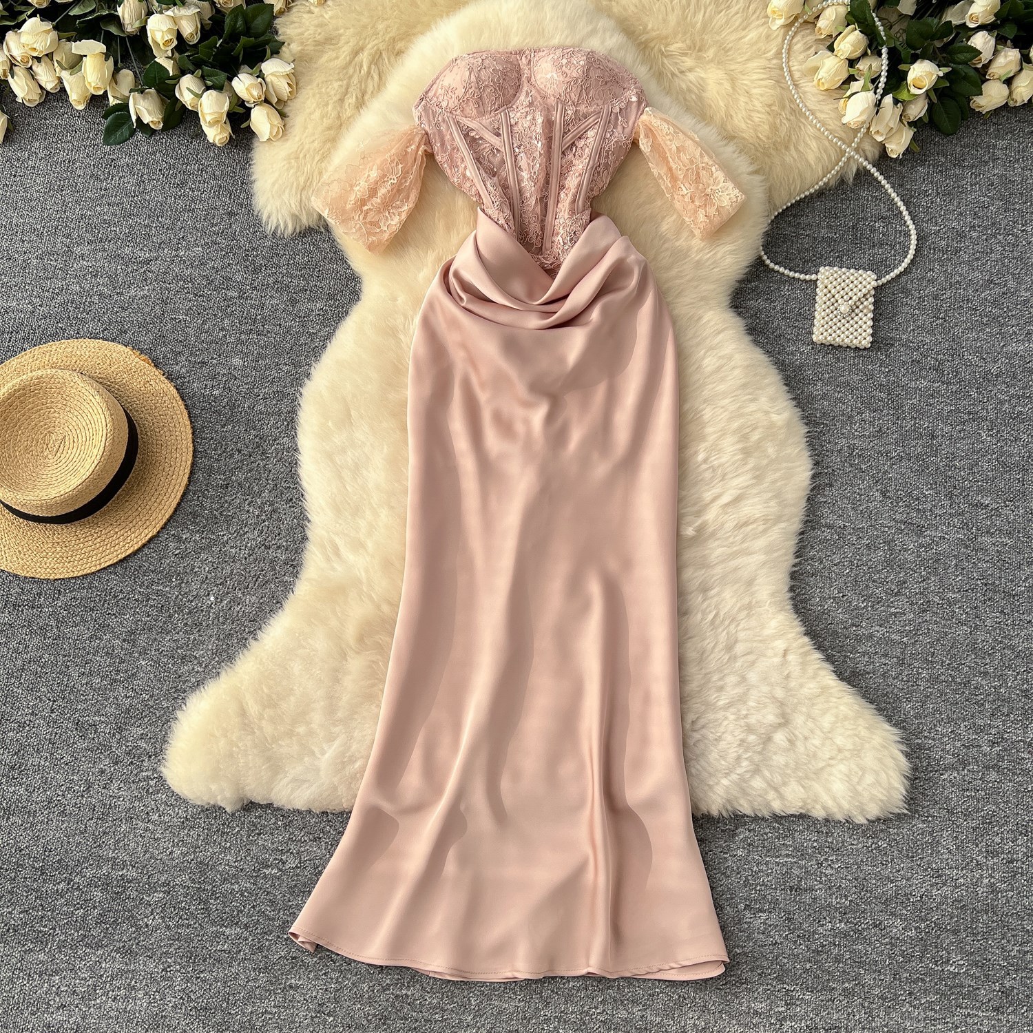 High-End Elegant Foreign Trade Dress for Women, Socialite Heavy Embroidery Lace Splicing Sleeveless Strapless Waist-Cinching Slim Satin Dress