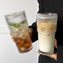 ins风大容量带盖带吸管竖条纹玻璃杯高颜值冷饮杯果汁水杯咖啡杯