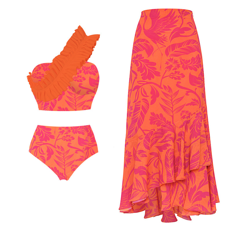 One Shoulder Neckline Skinny Fit Type Leaf Pattern Women's Gender Women's Sexy Leaf Bird Ruffles One Piece Swimwear