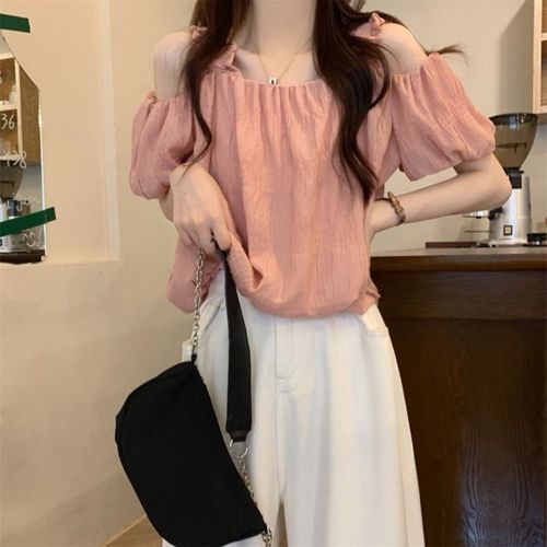 French one-shoulder spaghetti strap short-sleeve women's summer design sense niche loose slimming off-shoulder bubble sleeve top