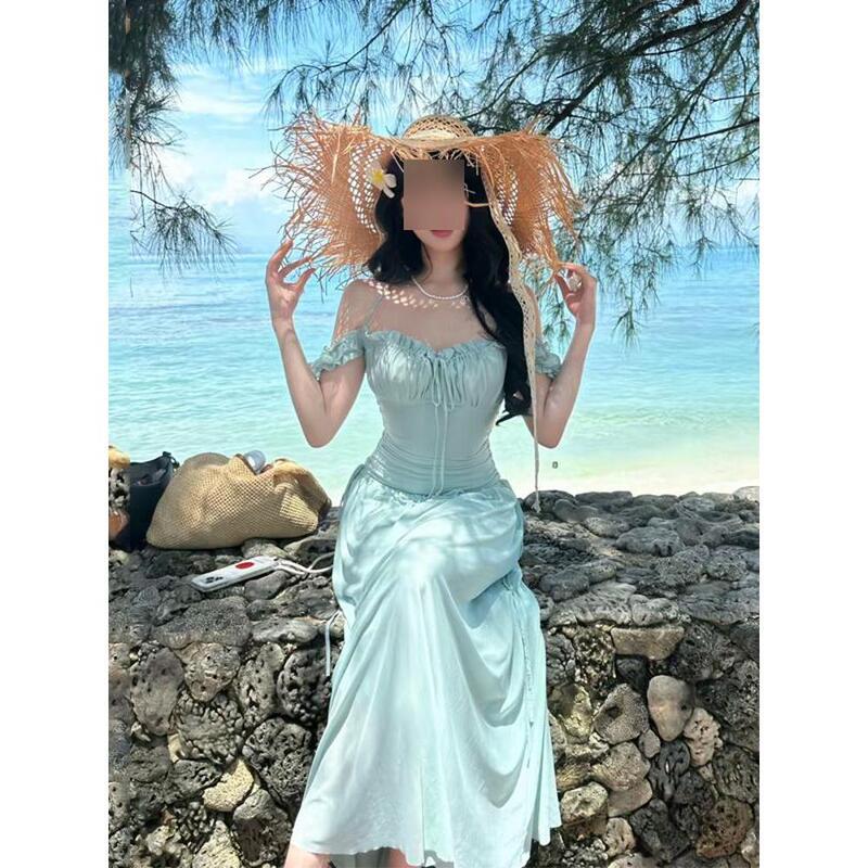 French Seaside Resort Style Waist Slimming Mesh Dress for Women Gentle Square Neck Summer Mint Green Long Dress