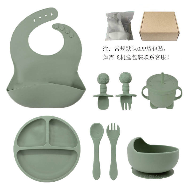 クロスボーダーベビーシリコンディナープレート10点セットベビーシリコン吸盤子供用シリコン食器フードボウルシリコンスプーン|undefined