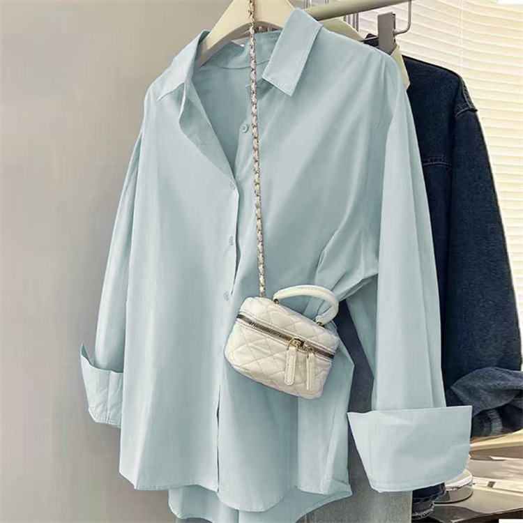 Women's Blue Shirt Elegant New Design Casual Loose Fit Long Sleeved Shirts For Layering Outerwear_ecoleips.com