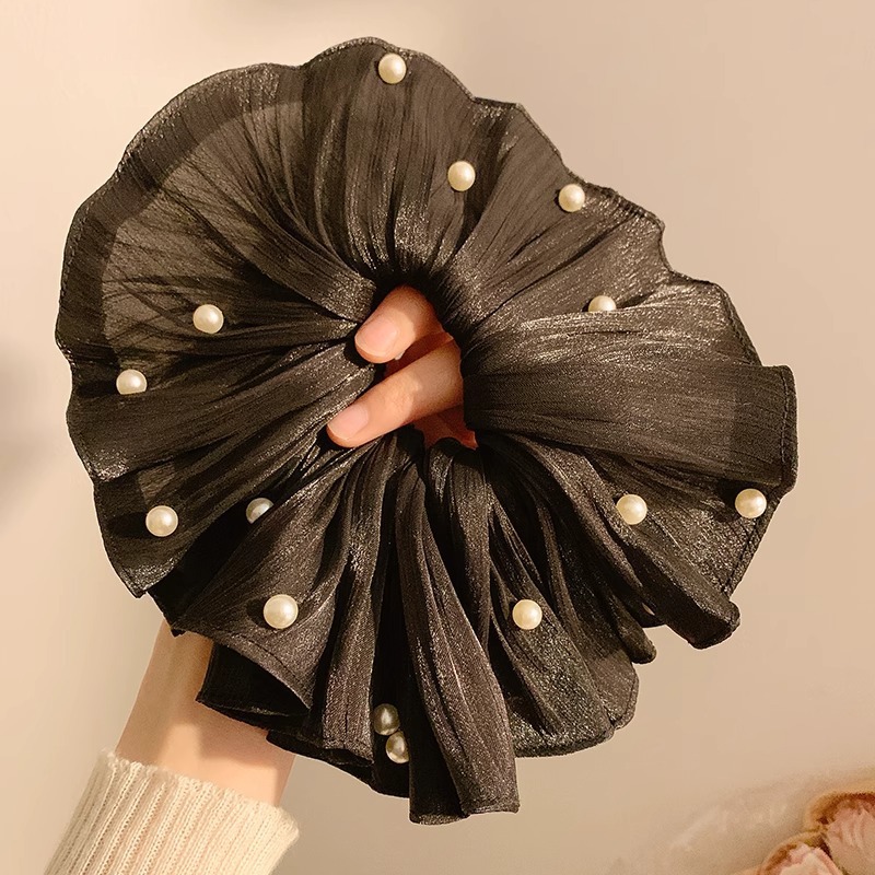 2 ¿ anillo de pelo plisado de perlas negras - 20cm