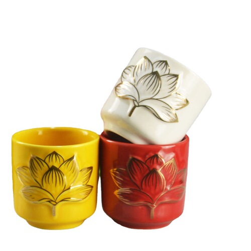 Small Red Wine Glass Self-Made Oil Lamp Ceramic Cup with Relief Candle Holder Buddhist Accessories Complete Offering Cup Wedding