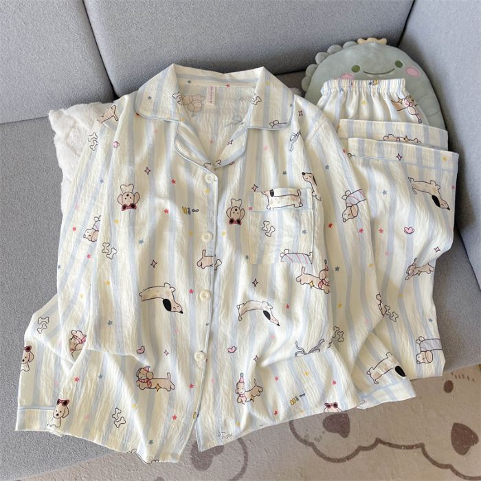 Al por mayor transfronterizo primavera y otoño nuevo pijama de mujer nubes de algodón con solapa cardigan de manga larga pantalones dulces set de ropa para el hogar
