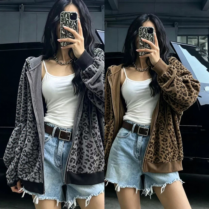 Cross-Border American High Street Retro Leopard Print Hooded Cardigan, Niche Casual Versatile Loose Long-Sleeved Top Jacket for Women Cross-Border American High Street Retro Leopard Print Hooded Cardigan, Niche Casual Versatile Loose Long-Sleeved Top Jacket for Women