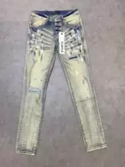 Trendy Brand Purple Brand Men's New Washed Distressed Ripped Slim-Fit Jeans with Ink Splatter American High Street Style