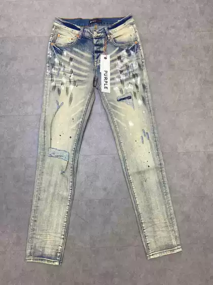 Trendy Brand Purple Brand Men's New Washed Distressed Ripped Slim-Fit Jeans with Ink Splatter American High Street Style