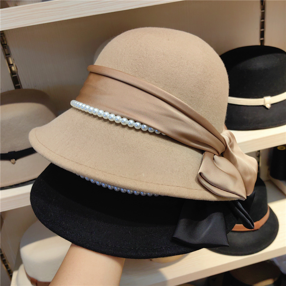 法式赫本風珍珠絲帶蝴蝶結羊毛呢漁夫盆帽女秋冬英倫名媛百搭禮帽