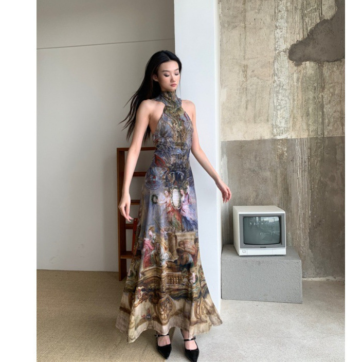 in stock Retro European Oil Painting Cross Wooden Ring Sexy Backless High Collar Slim dress Dress in stock Retro European Oil Painting Cross Wooden Ring Sexy Backless High Collar Slim dress Dress