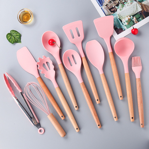 Silicone kitchenware set 12-piece wooden handle kitchenware set non-stick cooking silicone kitchenware 11-piece set wholesale