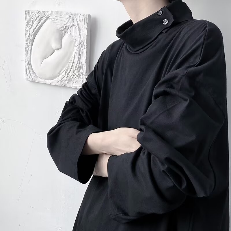 한펑 샤오 중 야마모토 스타일 캐주얼 스웨터 남자 일본 스타일 작은 높은 칼라 중립 긴 소매 비대칭 기본 셔츠 티셔츠 남성용