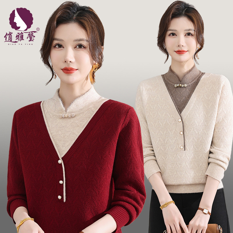 Spring Sweater for Mothers, Half-Turtleneck, Stretchy, New Chinese Style, Skin-Friendly, Middle-Aged and Elderly Women's Knitwear Top