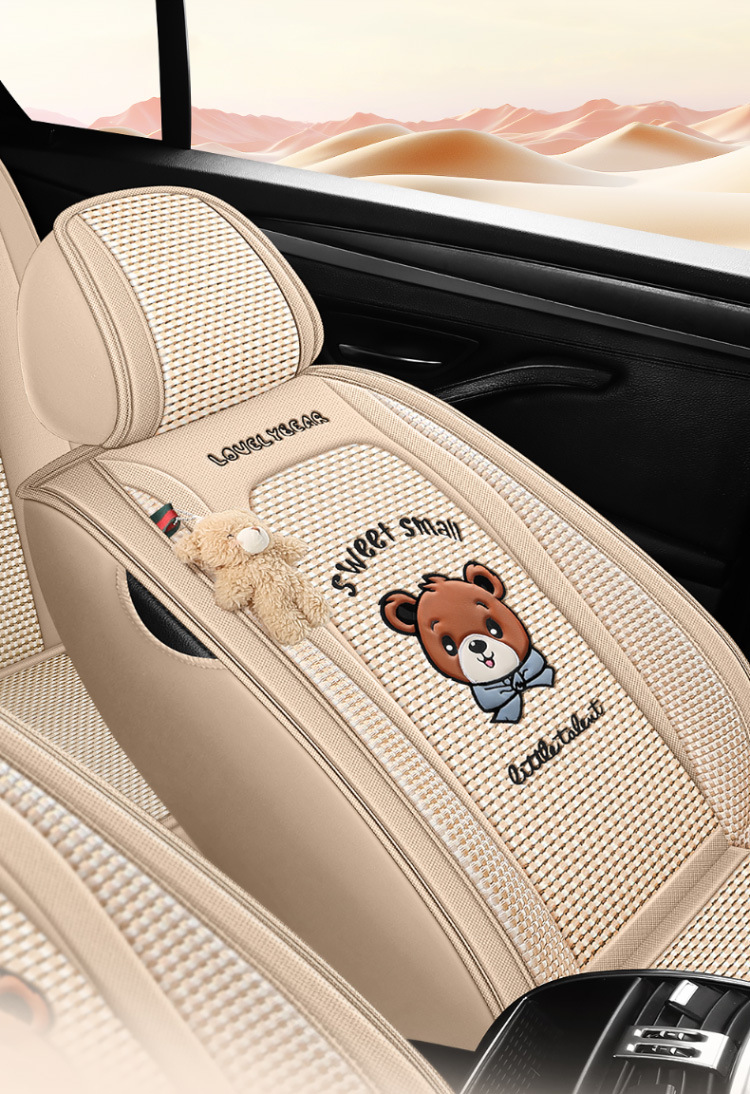 New All-Season Universal Car Seat Cushion, Full-Coverage Seat Cover, Cartoon Cute Linen, High-Grade Goddess Breathable Cotton