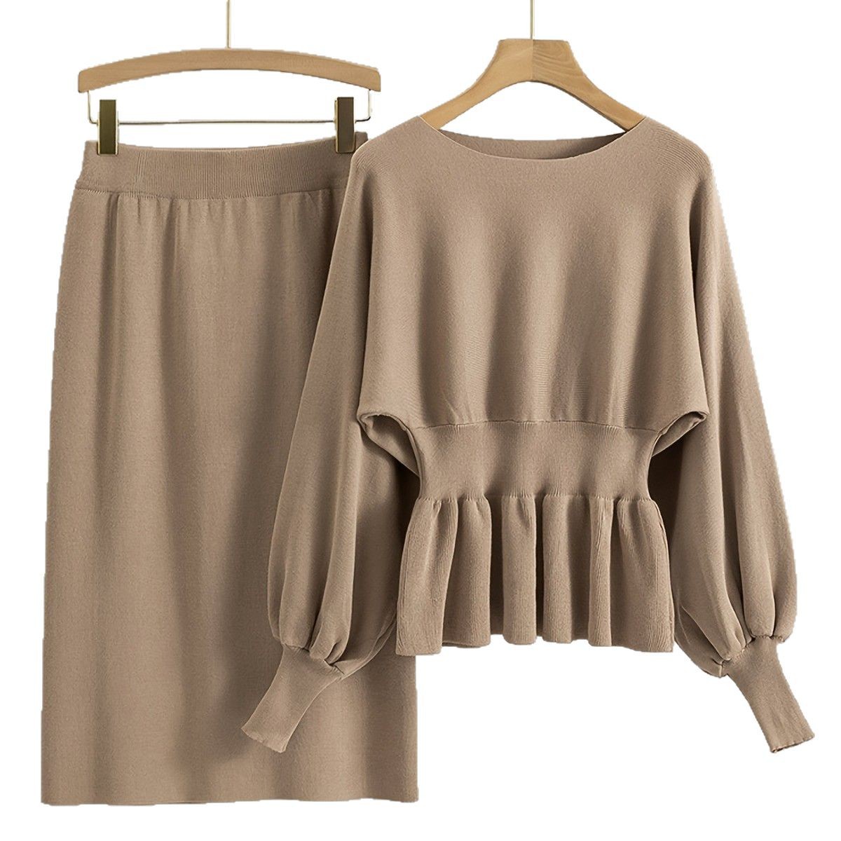 Conjunto elegante de duas peças em malha canelada – saia lápis de cintura alta e blusa por dentro da saia para looks de outono que valorizam a silhueta._voghion.com