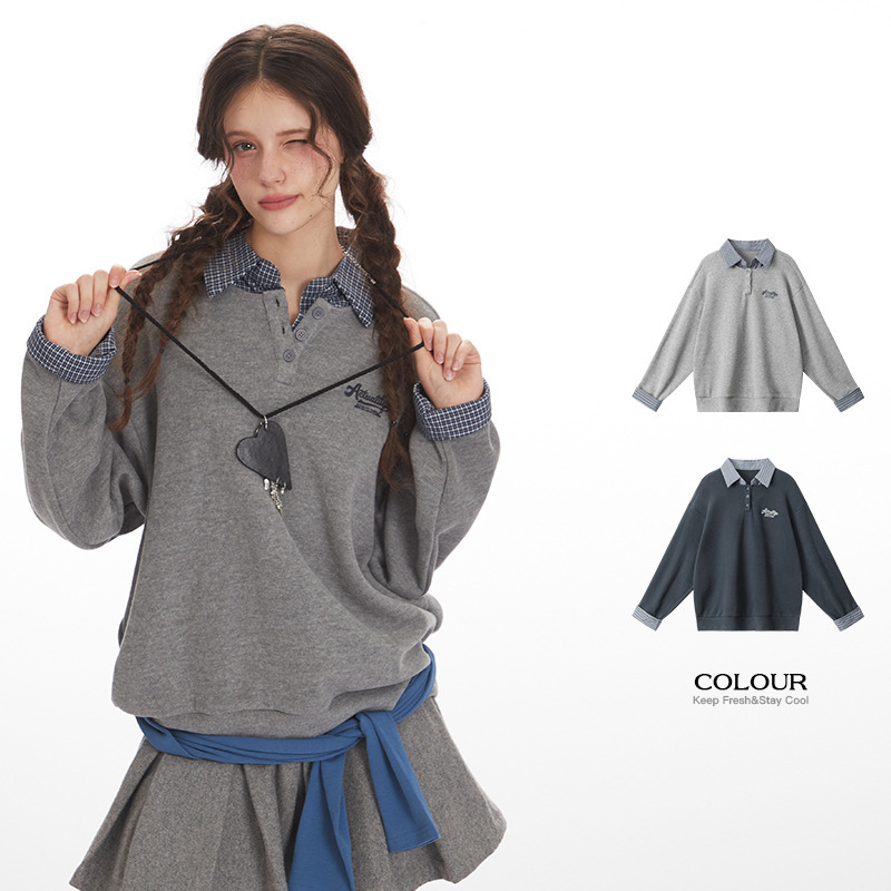 Heyhenry Fake Two-Piece Polo Collar Loose Couple Long-Sleeved Snow American Retro Loose Autum Pullover Sweatshirt for Women