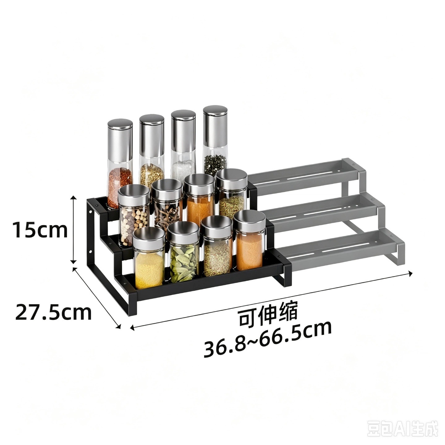 Adjustable spice rack, three-tiered kitchen storage shelf, countertop cabinet, spice and seasoning organizer, wall-mounted storage rack