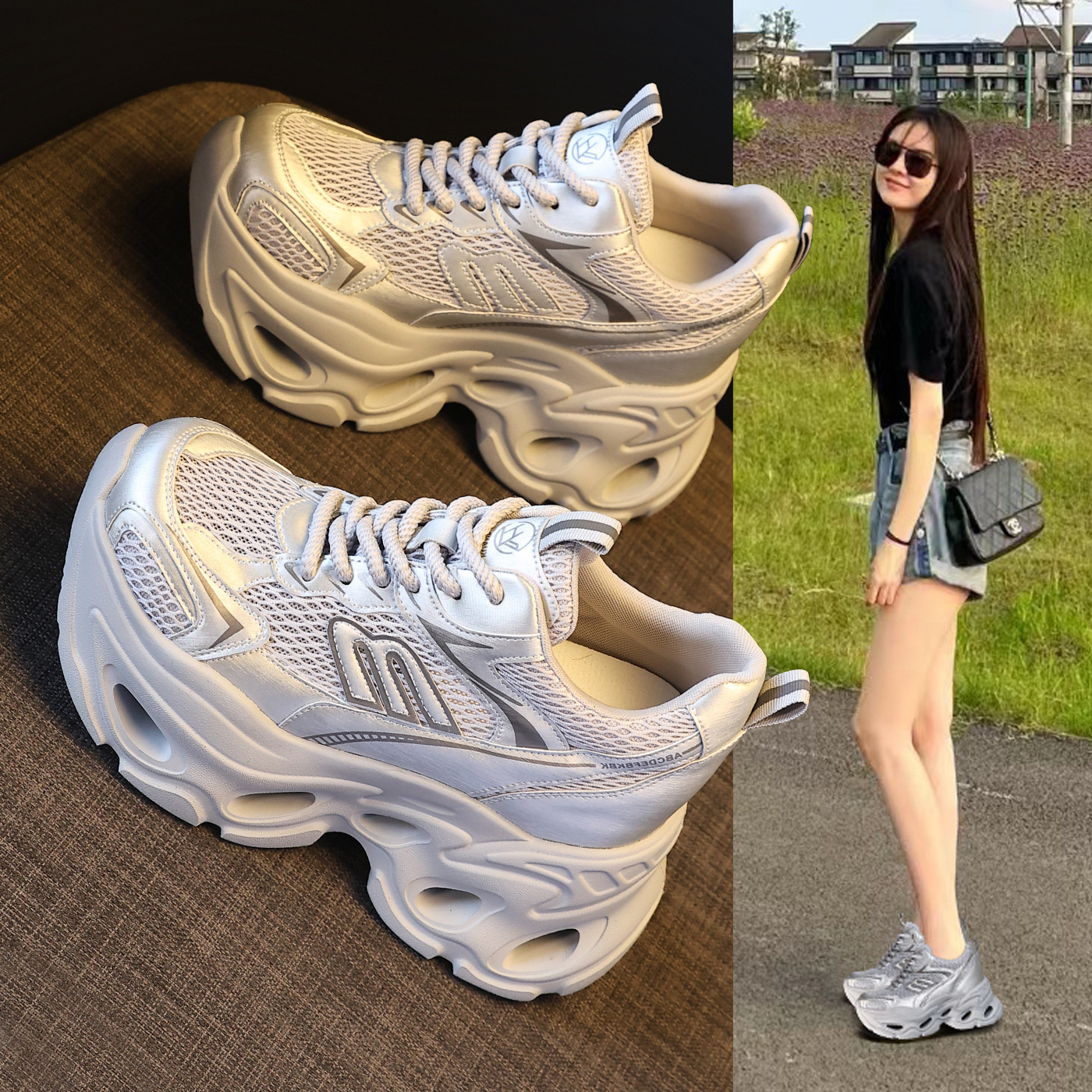Giày sneaker cao gót nữ đế xuồng platform tăng chiều cao 10.5 cm — màu trắng, màu xám