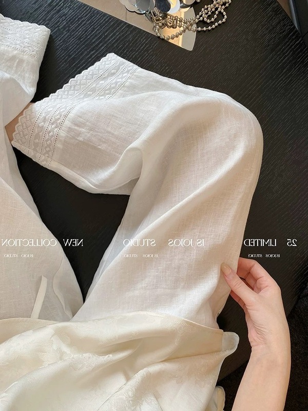 女性のための白い刺繍レースステッチリネンカジュアルパンツ夏 2025 新しいルーズ怠惰な気質痩身ワイドレッグパンツ|undefined