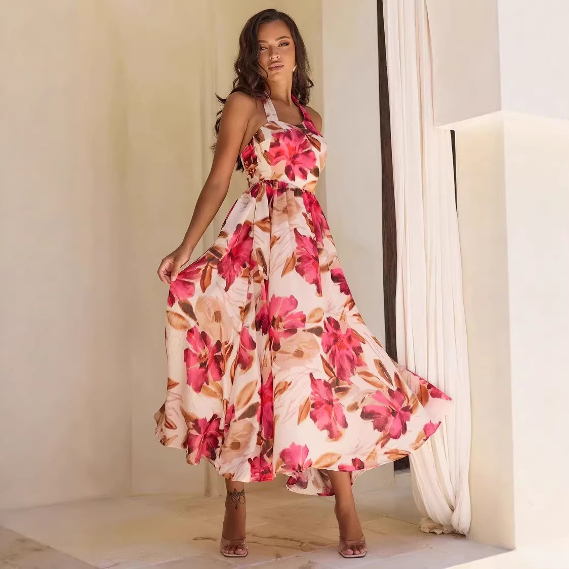 Fashionable Halter Neck Tie Waist Backless Dress Large Floral Print Long Skirt Women's Elegant New Style_ecoleips.com