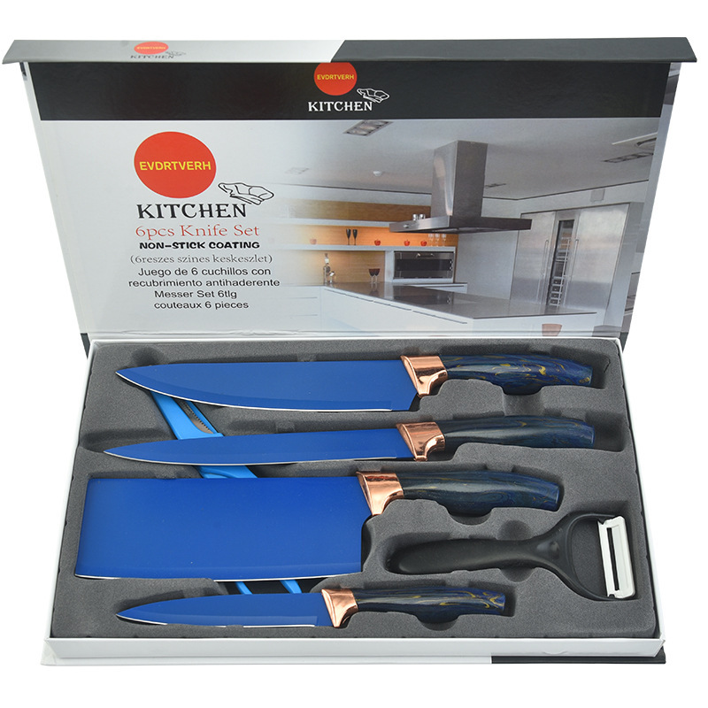 Lugar de fábrica al por mayor color dorado juego de cocina de seis piezas de acero inoxidable caja de regalo de color cuchillo de embalaje cuchillo de juego