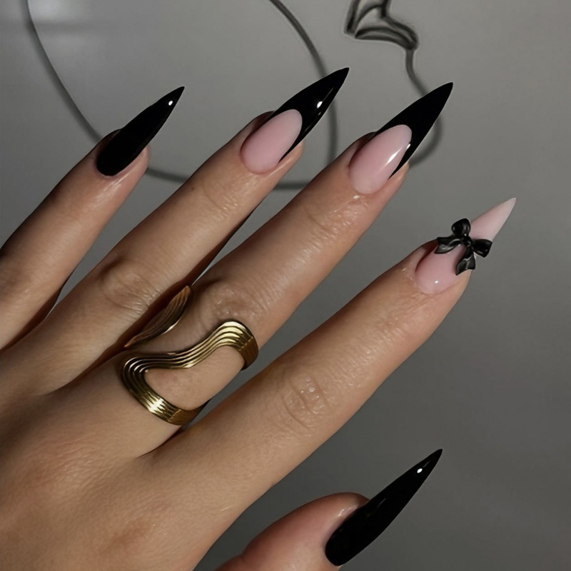 European and American Hot-Selling Wearable Nails, Minimalist Black-Edged Nude Pink Bow French Long Pointed Nail Tips, Fake Nail Stickers