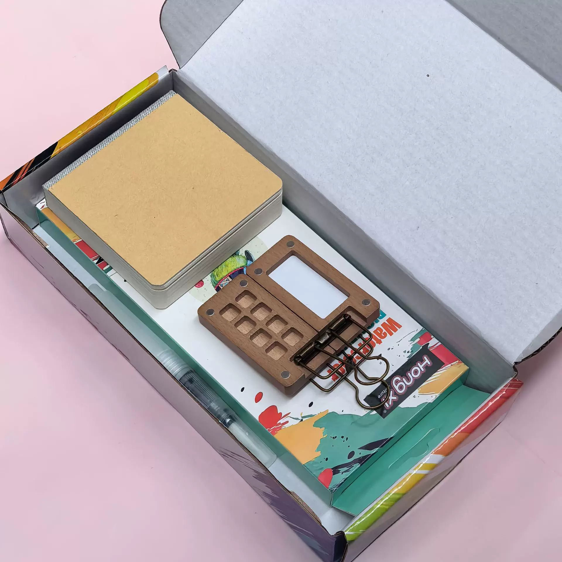 盒装跨境迷你水彩颜料盒胡桃木盒随身便携小画板套装8色15色水彩