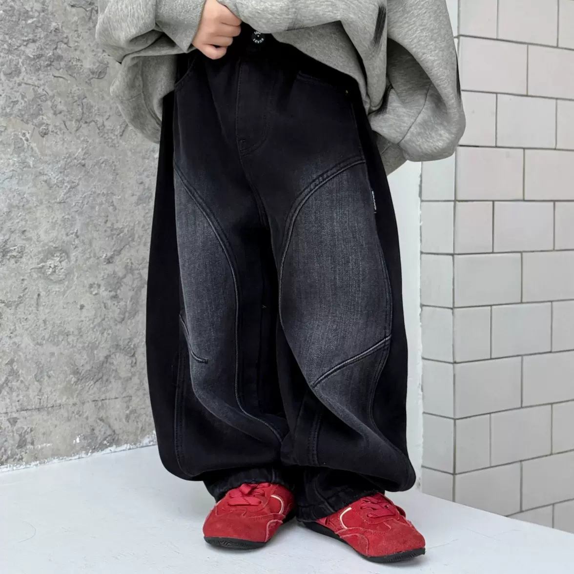 儿童牛仔裤弯刀裤冬季加绒加厚长裤男童中大童美式复古直筒裤洋气