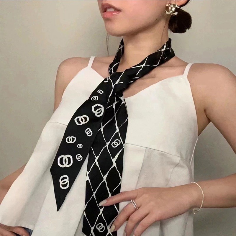 Xiaoxiangfeng ダブル C 文字黒と白の菱形シルクスカーフネクタイマルベリーシルクロングヘアバンドカメリア|undefined