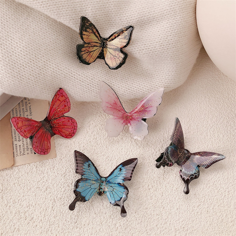 Super Fairy Retro Simulación Púrpura Azul Mariposa Clip Exquisito Flash Fino Clip de flequillo Horquilla Clip lateral Clip de pico de pato Accesorios para el cabello de todo fósforo