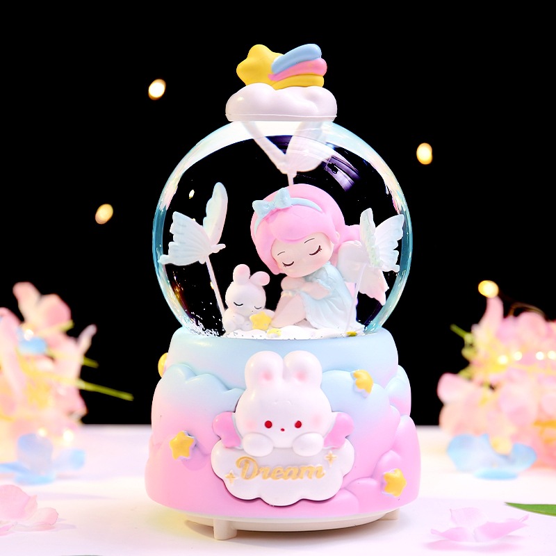 Caja de música de bola de cristal de Kapibala ingenua y linda, adornos de escritorio luminosos, nieve que cae, regalo de cumpleaños para estudiantes y niños