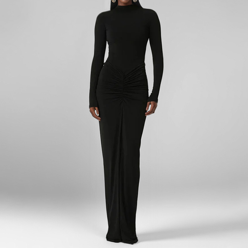 2025 Autumn Winter New Cross-Border European And American Foreign Trade Sexy Waist Slimming Solid Color Long Elegant_ecoleips.com