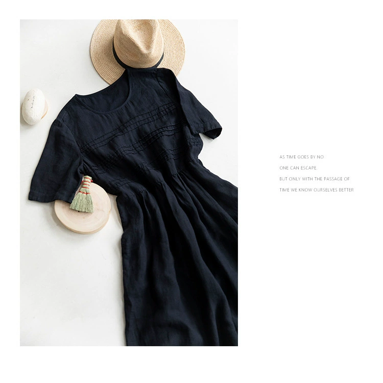 2024 новое летнее платье с тонкими льняными плиссировками с короткими рукавами